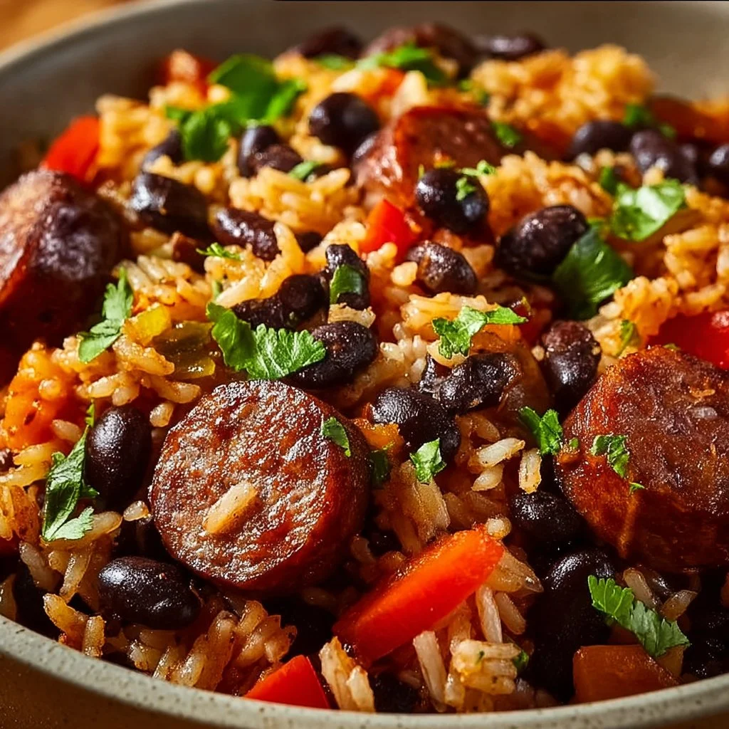 Plate of black beans and rice with sausage garnished with herbs