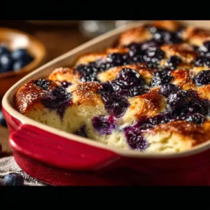 Blueberry Cottage Cheese Breakfast Bake topped with fresh blueberries