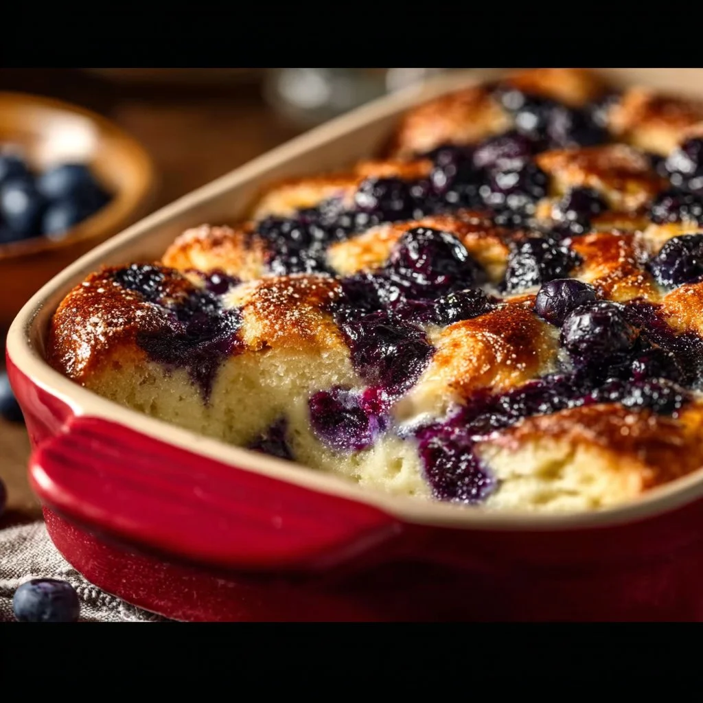 Blueberry Cottage Cheese Breakfast Bake topped with fresh blueberries