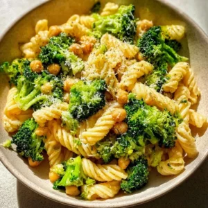 Broccoli chickpea pasta with garlic and olive oil on a plate.