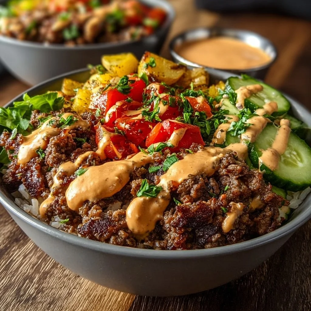 Delicious and healthy burger bowls with fresh ingredients.