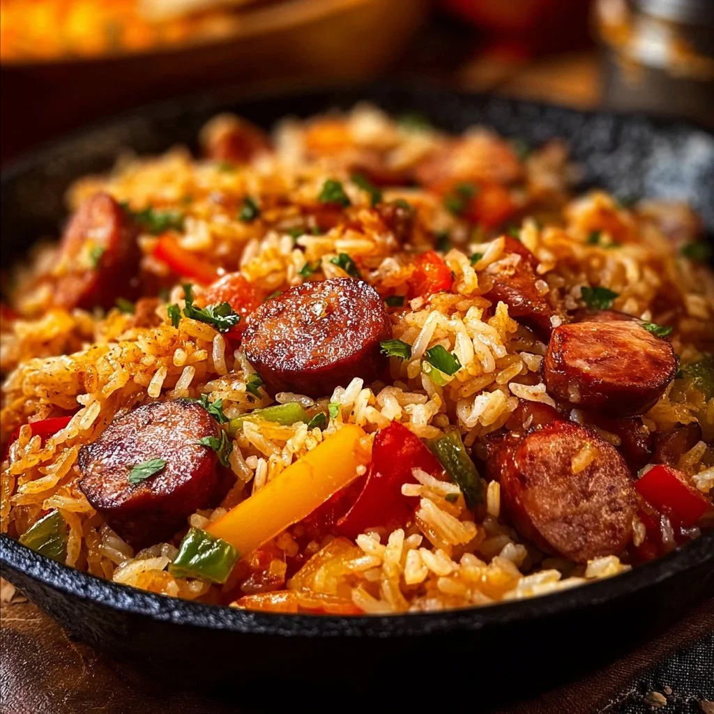 Cajun sausage and rice skillet featuring vibrant vegetables and spices