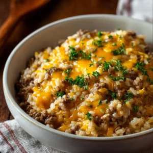 Cheesy ground beef and rice casserole served in a baking dish