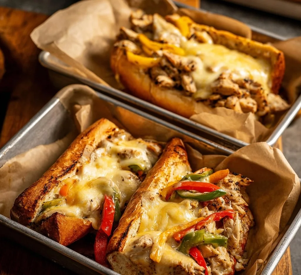 Deliciously prepared Chicken Philly Cheese Steaks with melted cheese and veggies