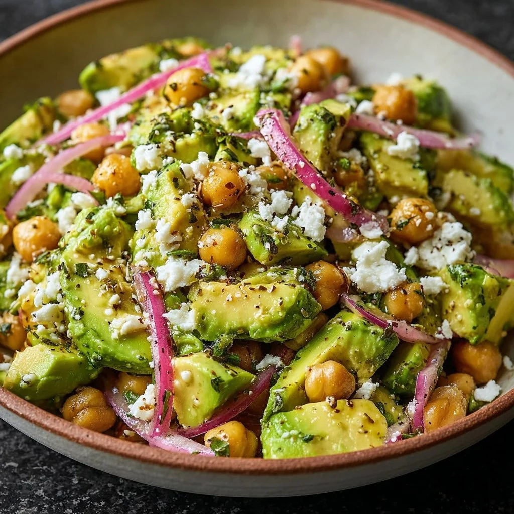 Home 7 Chickpea Feta Avocado Salad with fresh ingredients in a bowl