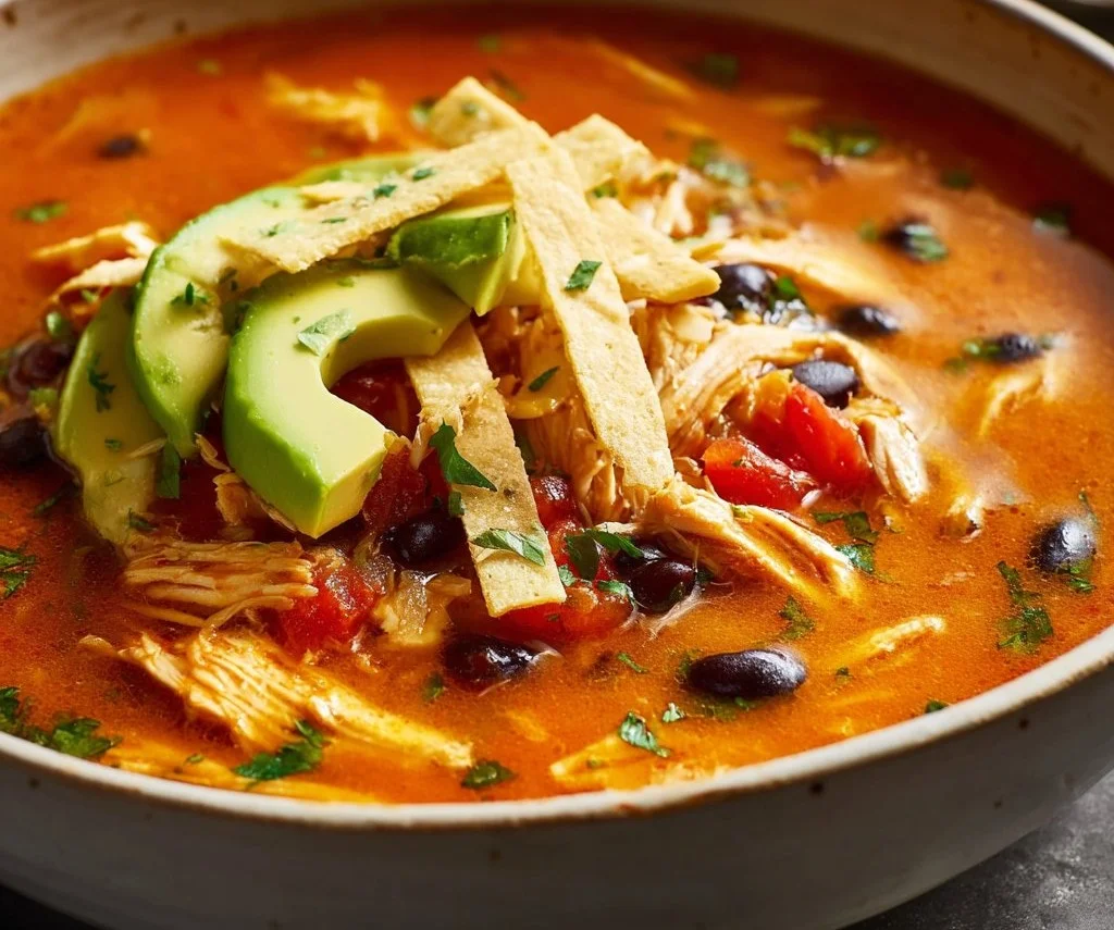 Bowl of classic chicken tortilla soup garnished with tortilla chips and cilantro