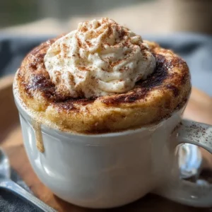 Cottage cheese cinnamon roll mug cake topped with cinnamon and icing