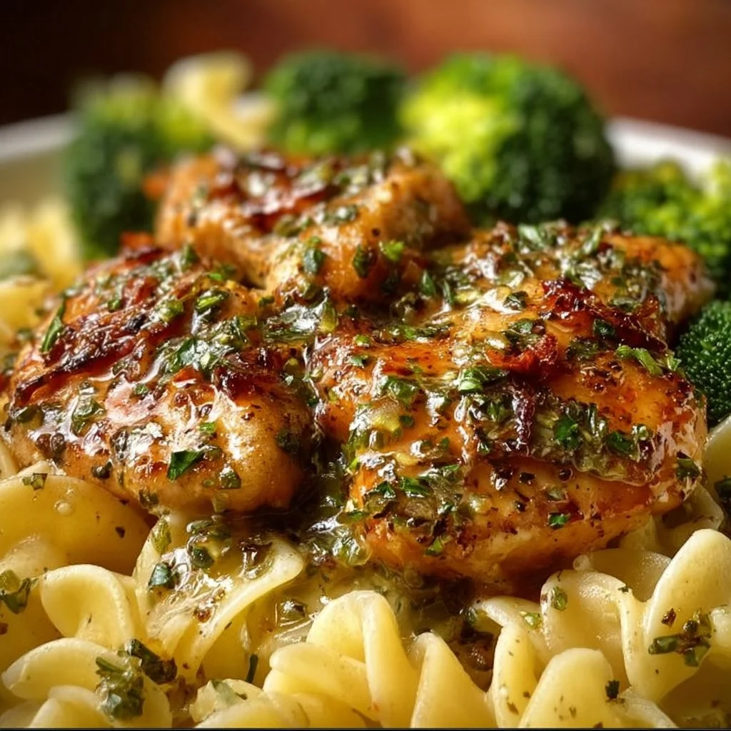 Cowboy Butter Lemon Bowtie Chicken served with broccoli on a plate
