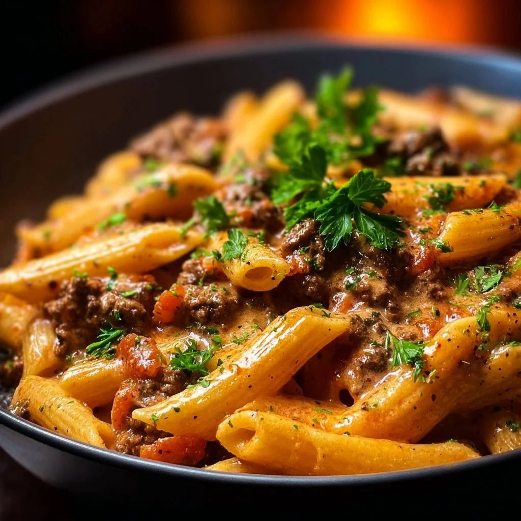 Creamy beef pasta dish garnished with herbs and served in a bowl