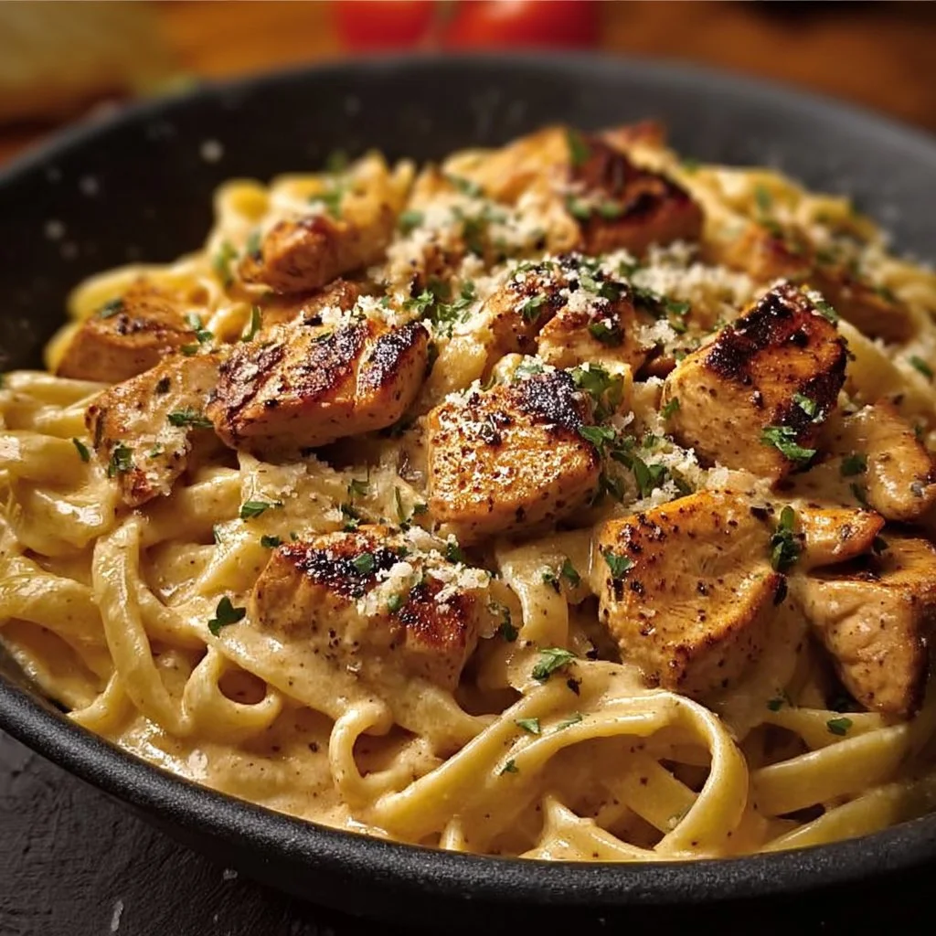 Delicious creamy Cajun chicken pasta served in a bowl with herbs