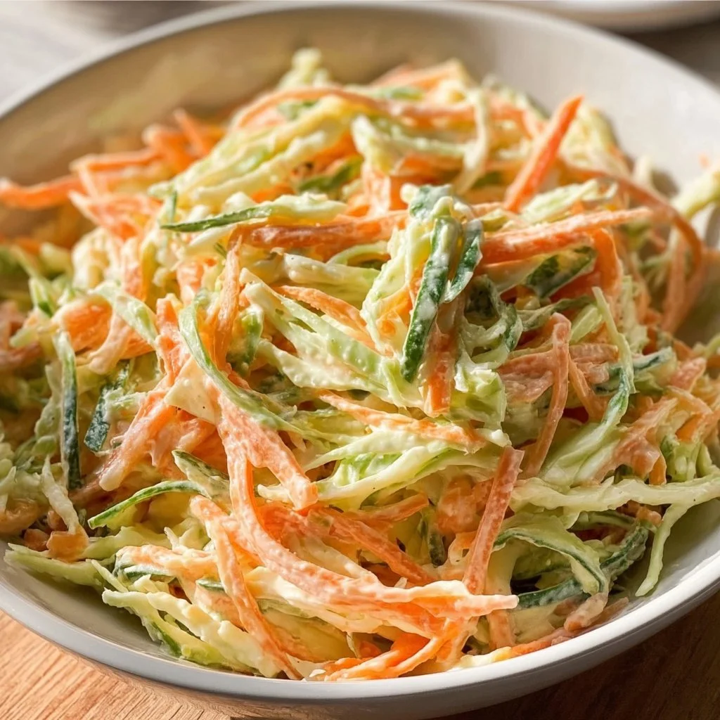 Home 4 Creamy cucumber and carrot salad in a bowl, garnished with herbs.