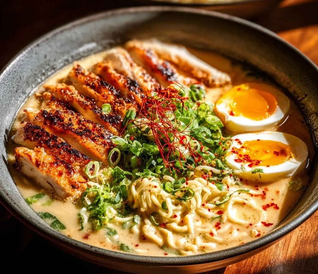 Creamy garlic chicken ramen served in a bowl with fresh herbs and noodles