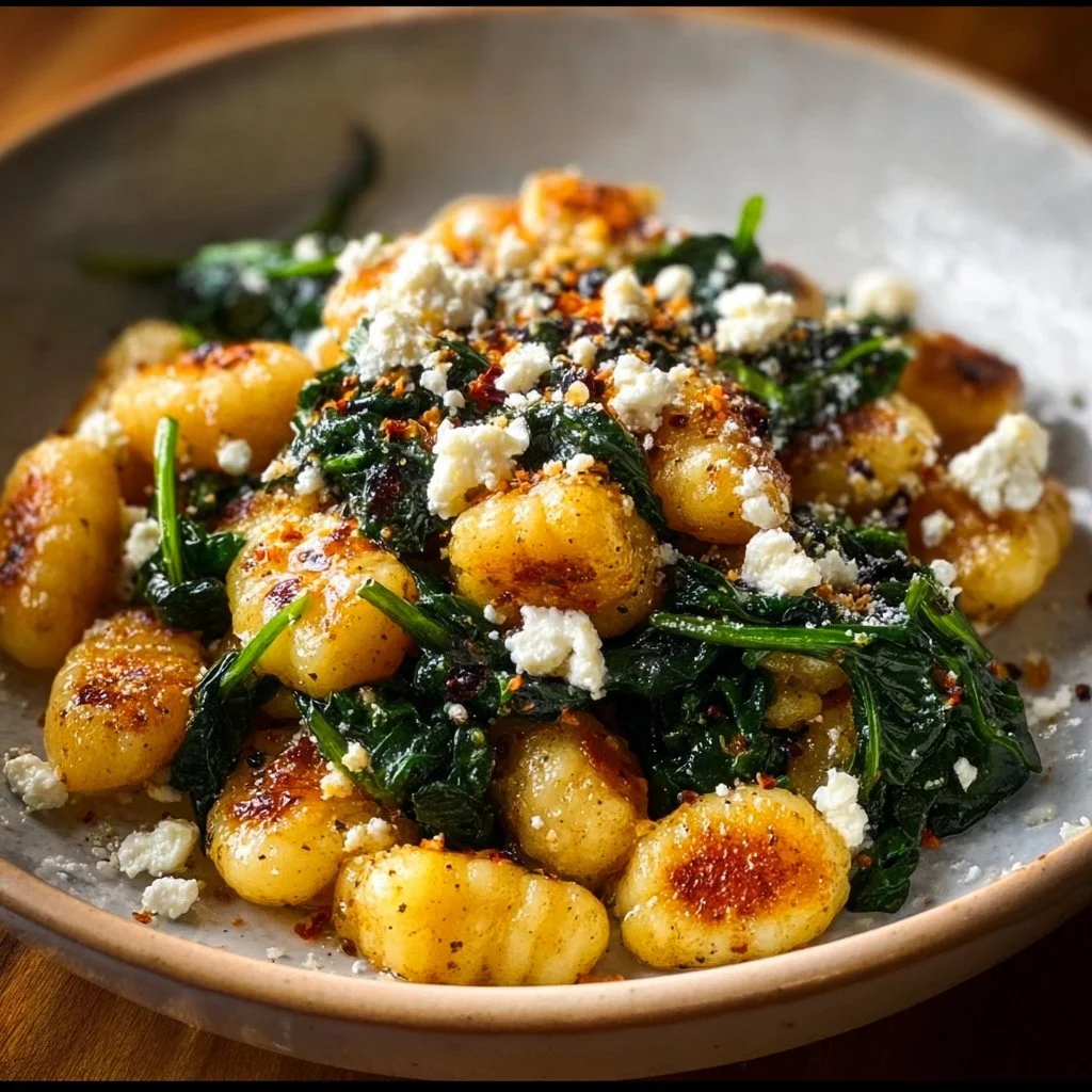 Creamy gnocchi with spinach and feta served in a bowl