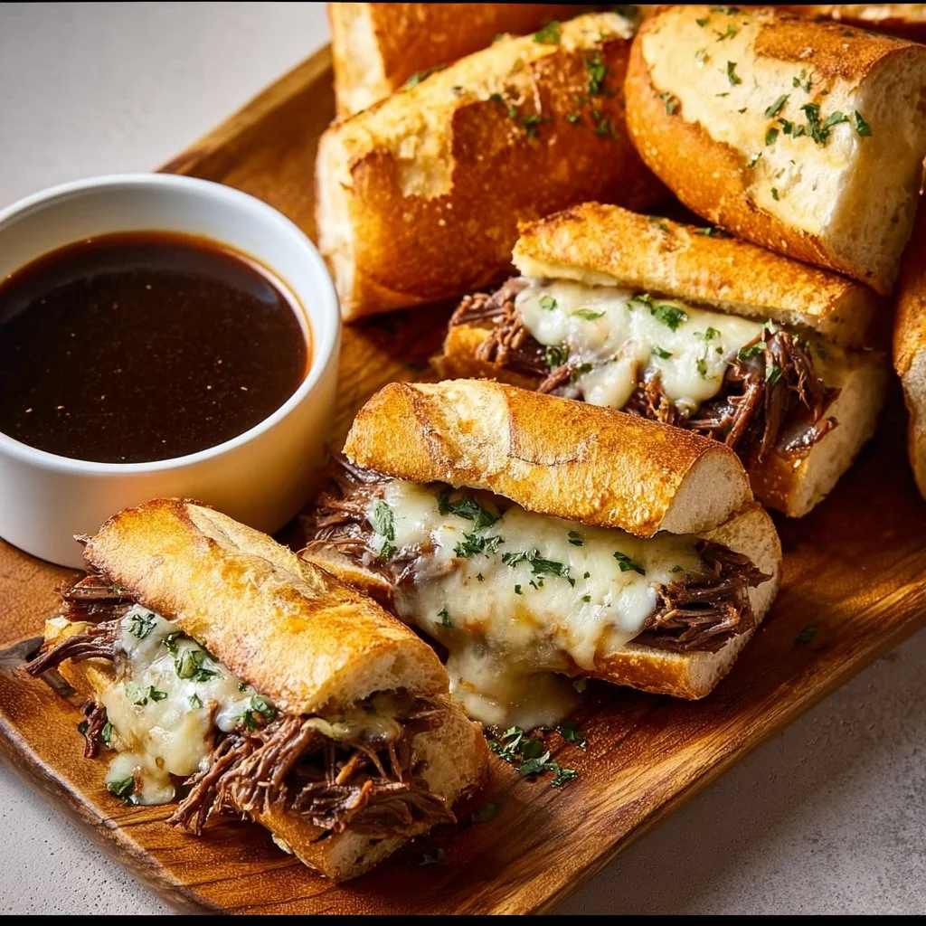 Crockpot French dip sandwiches served with au jus for dipping