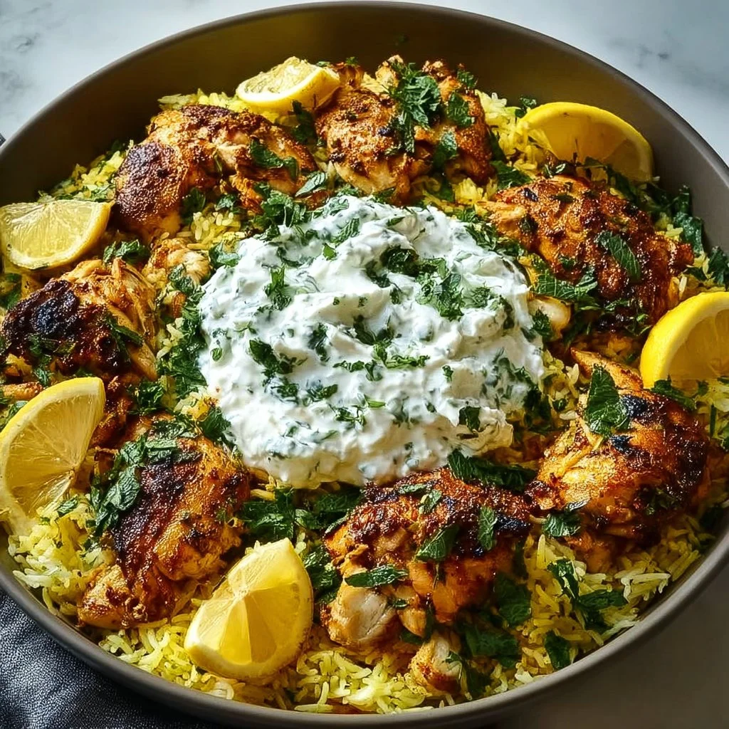 Delicious Dump and Bake Chicken Tzatziki Rice dish served in a bowl