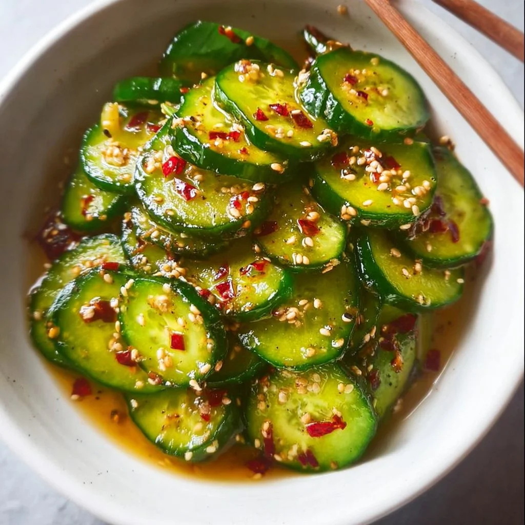 Home 8 Bowl of easy Asian cucumber salad with fresh vegetables and dressing