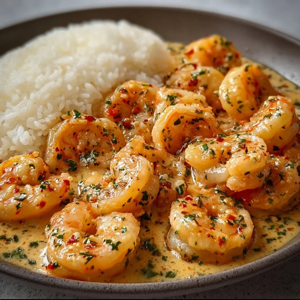 Plate of easy creamy garlic shrimp served with rice and garnished with parsley