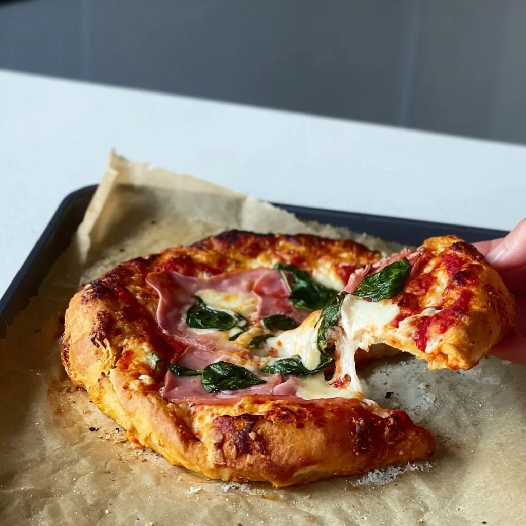 High protein cottage cheese pizza on a plate with fresh toppings