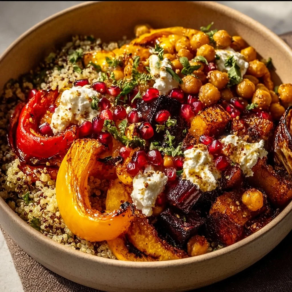 Winter Mediterranean quinoa bowl with vibrant vegetables and grains.