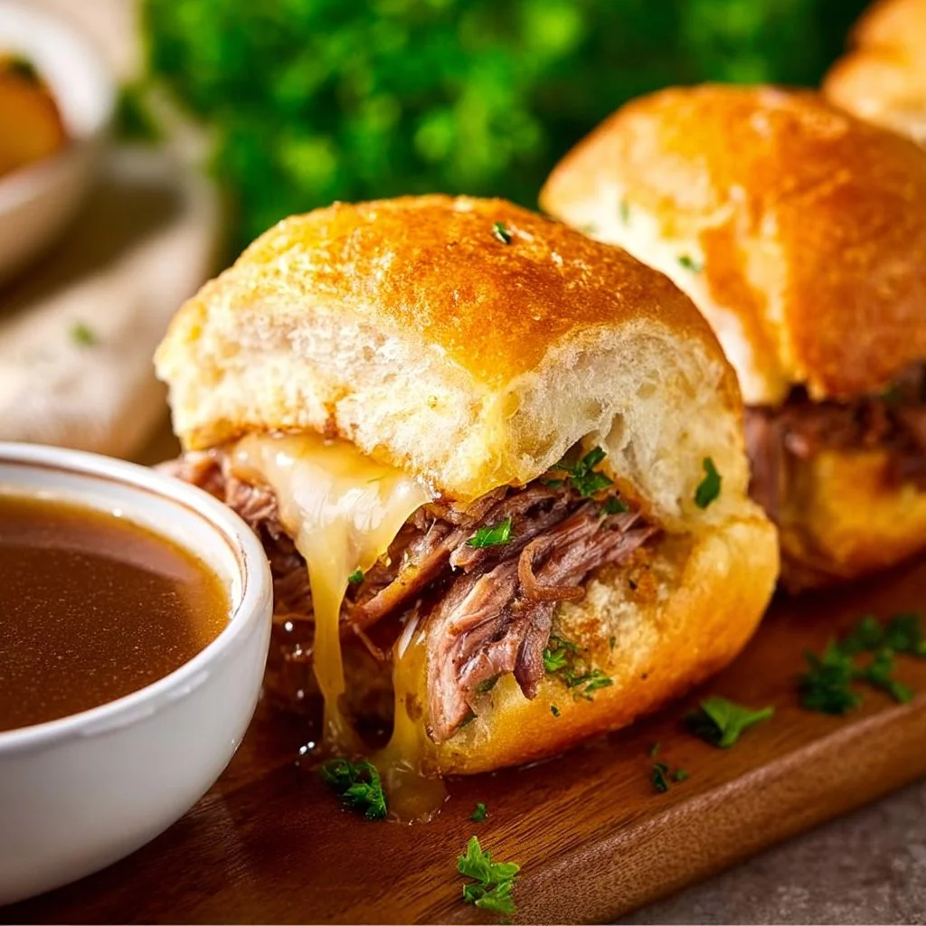 Delicious French Dip Sliders with beef and melted cheese served with au jus