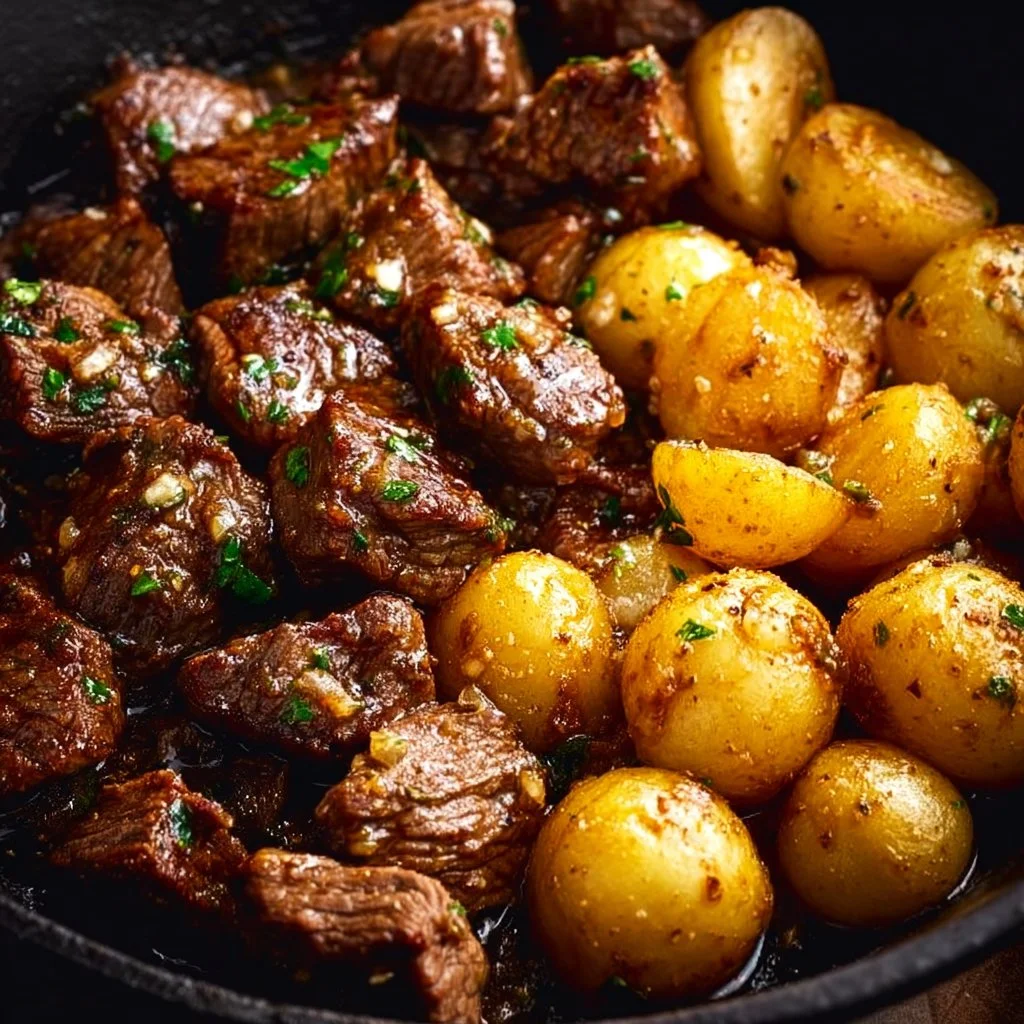 Savory Garlic Butter Beef Bites served with golden potatoes on a plate.