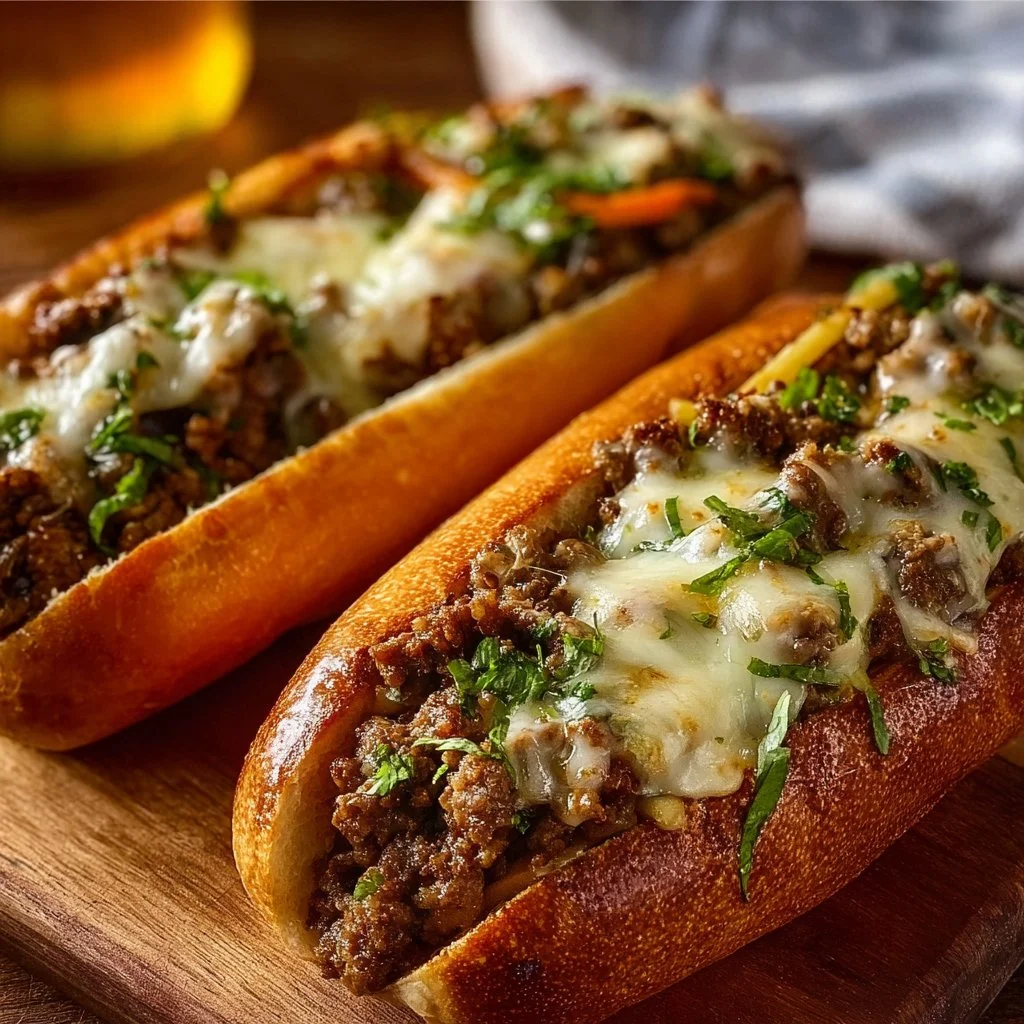 Ground Beef Philly Cheesesteaks served on a plate with toppings