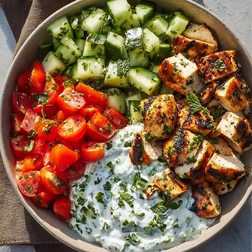 Healthy chicken tzatziki bowls in a salad bowl, garnished with fresh vegetables