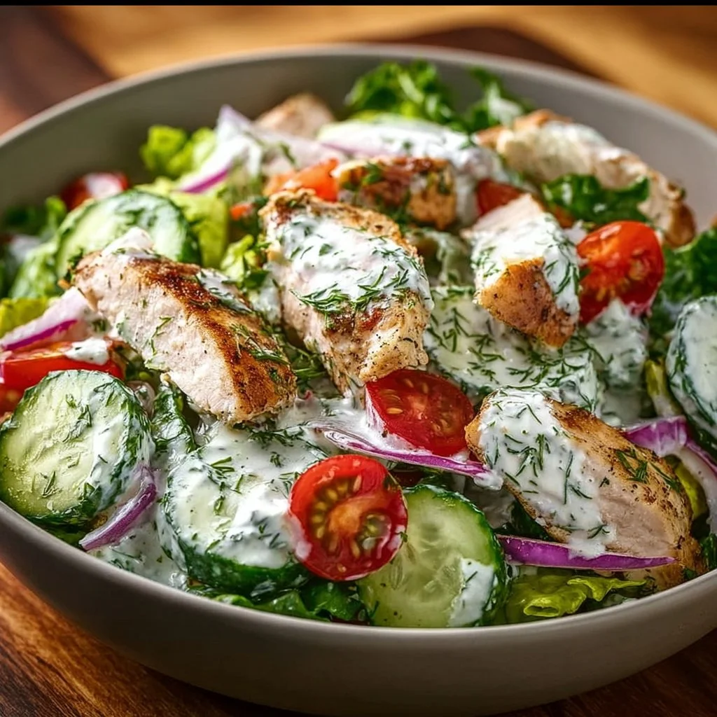 Healthy Mediterranean Tzatziki Chicken Salad in a bowl, garnished with herbs