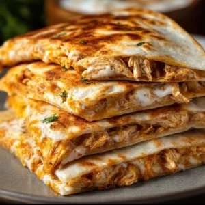 High-protein chicken ranch quesadilla served with salsa and avocado slices.