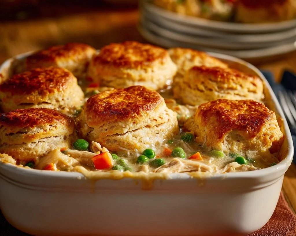 Homemade chicken pot pie casserole topped with golden brown crust.