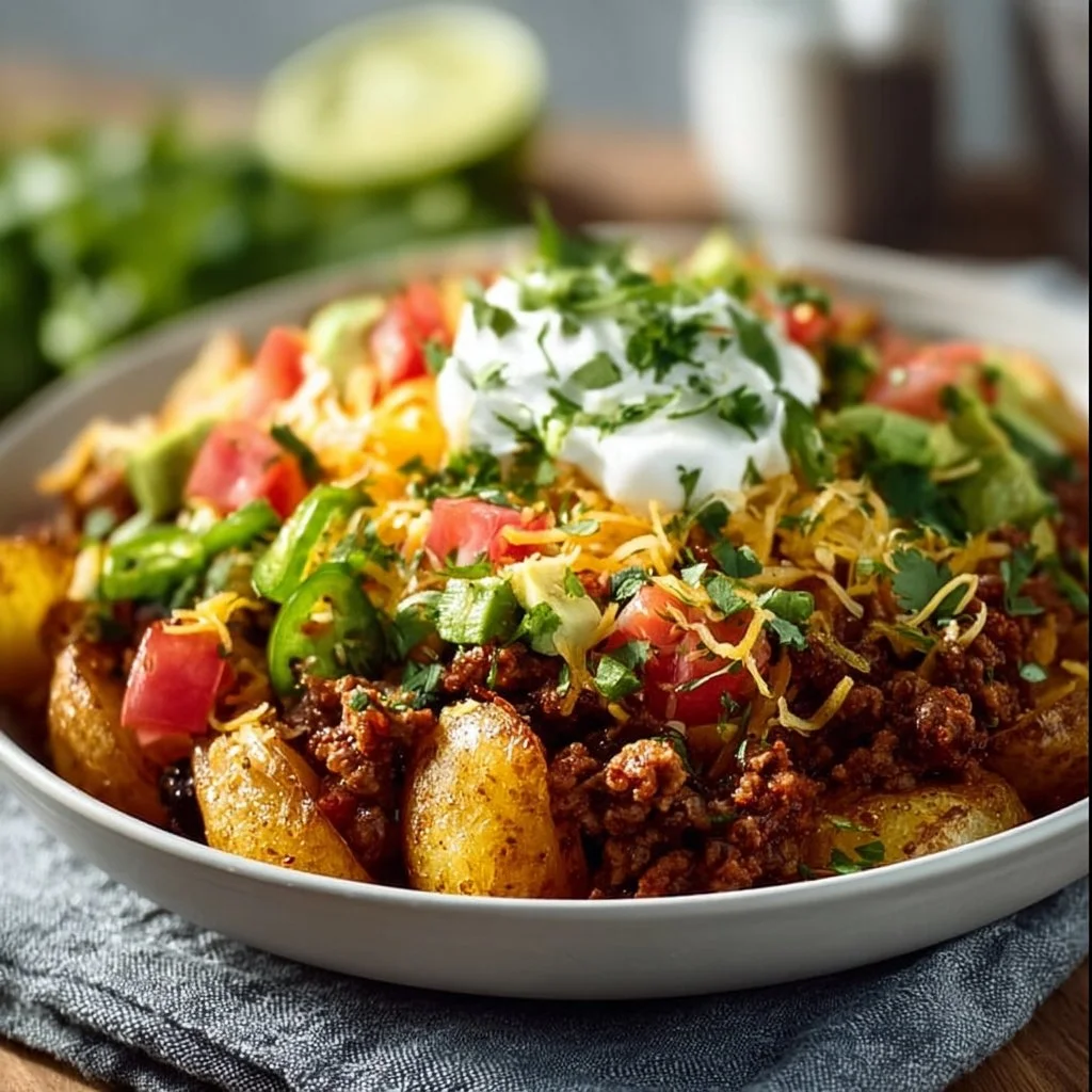 Loaded potato taco bowl with crispy potatoes, fresh toppings, and spicy sauce