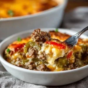 Low Carb Philly Cheesesteak Casserole topped with melted cheese and peppers