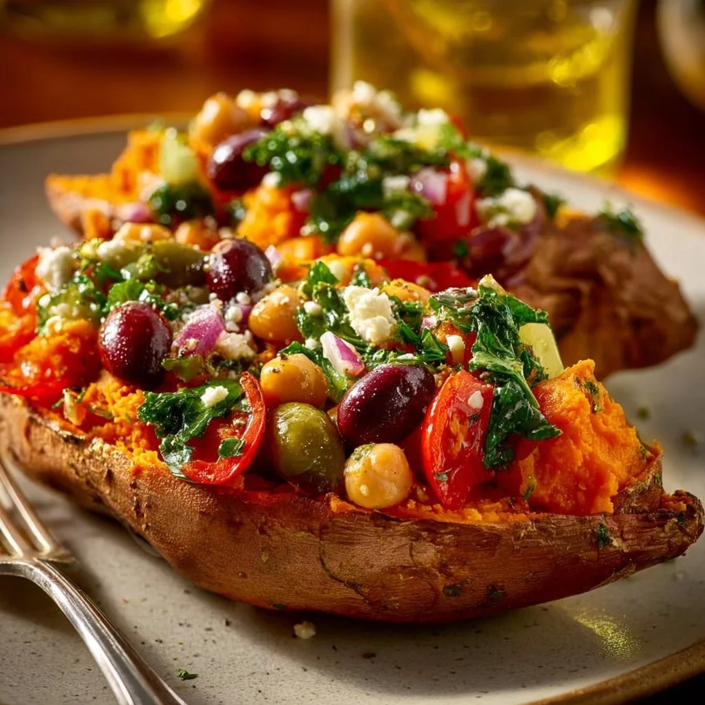 Mediterranean stuffed sweet potatoes garnished with fresh herbs and toppings.