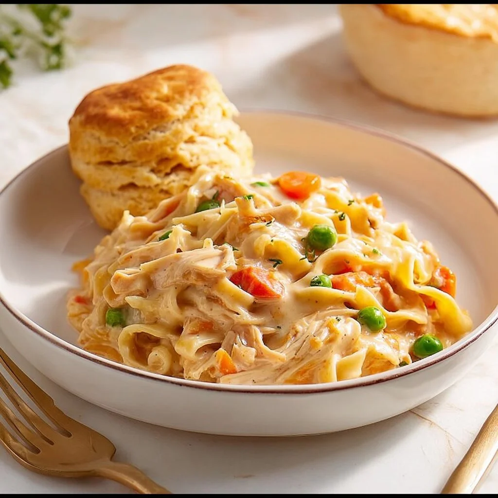 Home 8 Noodle chicken pot pie casserole served in a warm dish, garnished with herbs.