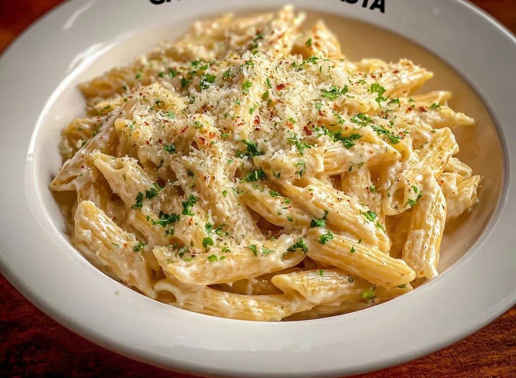 One Pot Creamy Garlic Pasta with fresh herbs and grated cheese