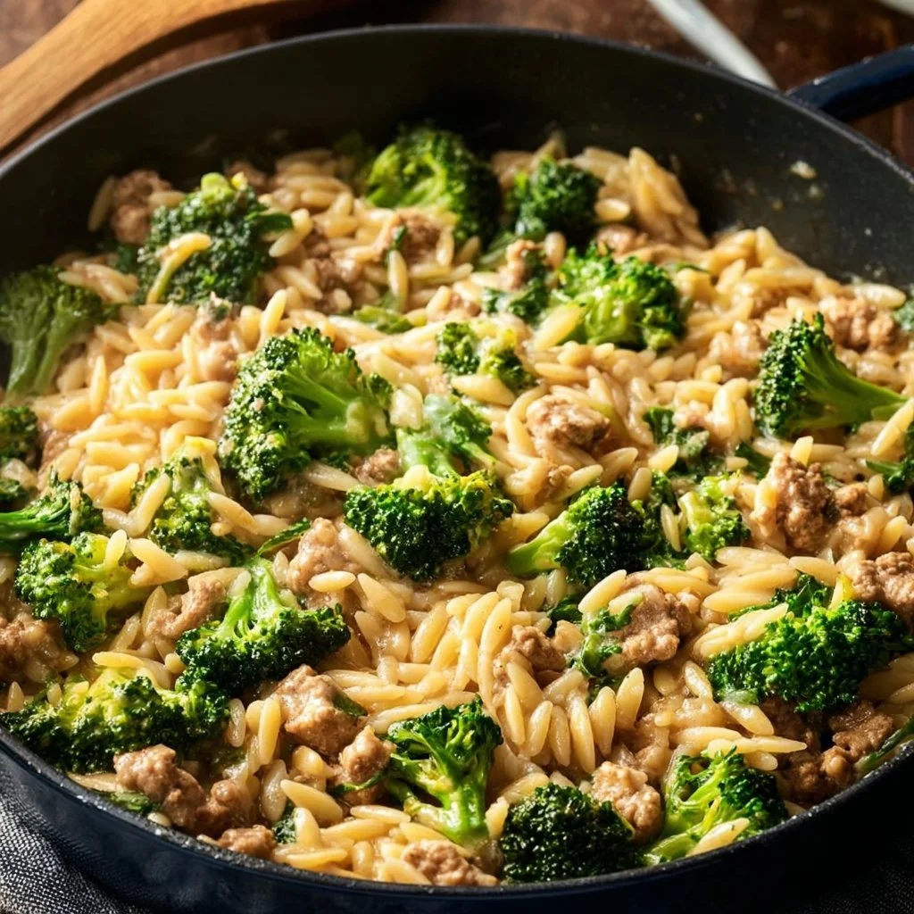 One-pot ground turkey orzo dish with colorful vegetables in a skillet