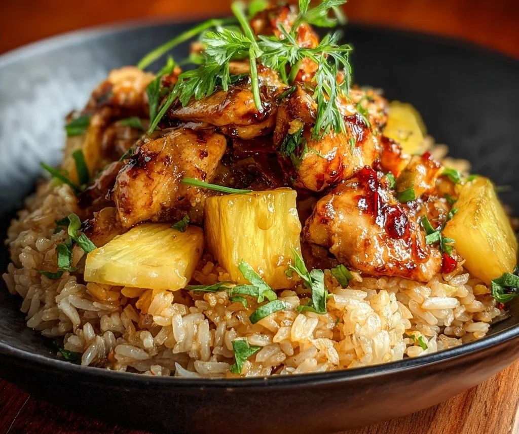 Delicious Pineapple Chicken served over rice with vibrant fruits and vegetables.