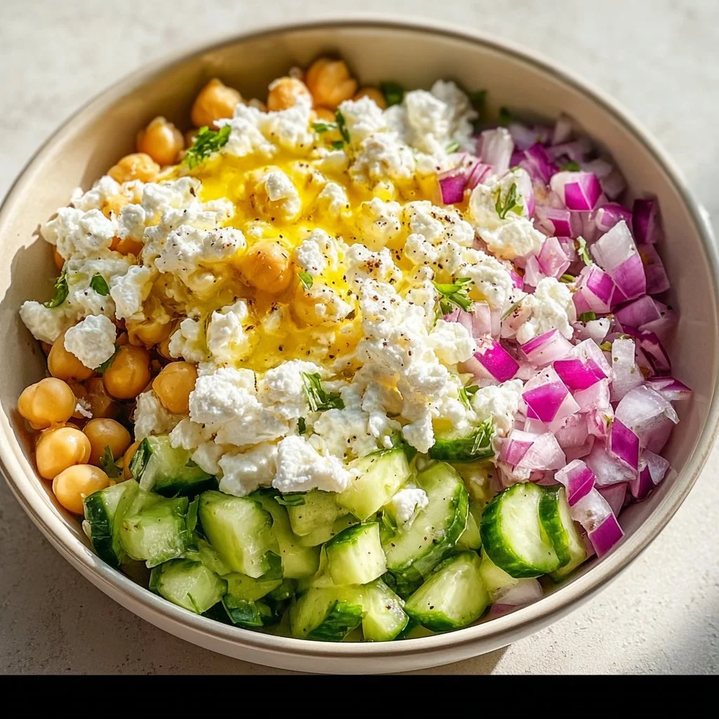 Protein-packed cottage cheese and chickpea salad bowl for healthy lunches.