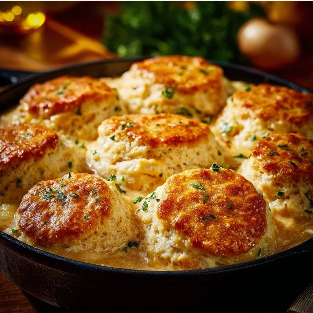Red Lobster biscuit chicken pot pie served in a rustic dish with golden brown biscuits
