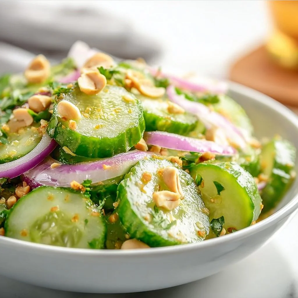 Bowl of refreshing Thai cucumber salad with vibrant vegetables and dressing