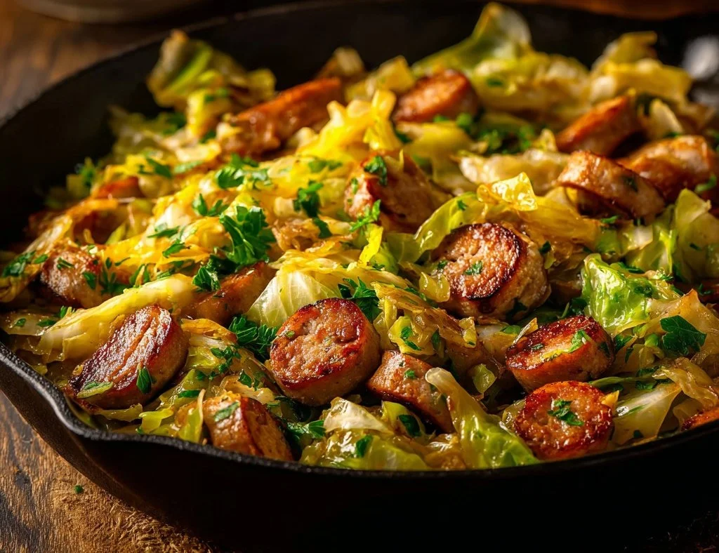 Delicious Sausage and Cabbage Stir Fry served in a bowl
