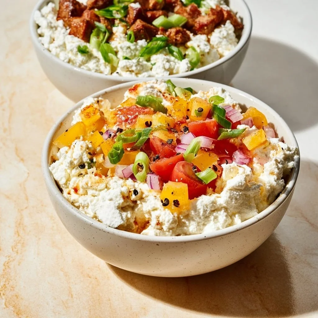 Savory cottage cheese bowls filled with protein for lunch ideas.