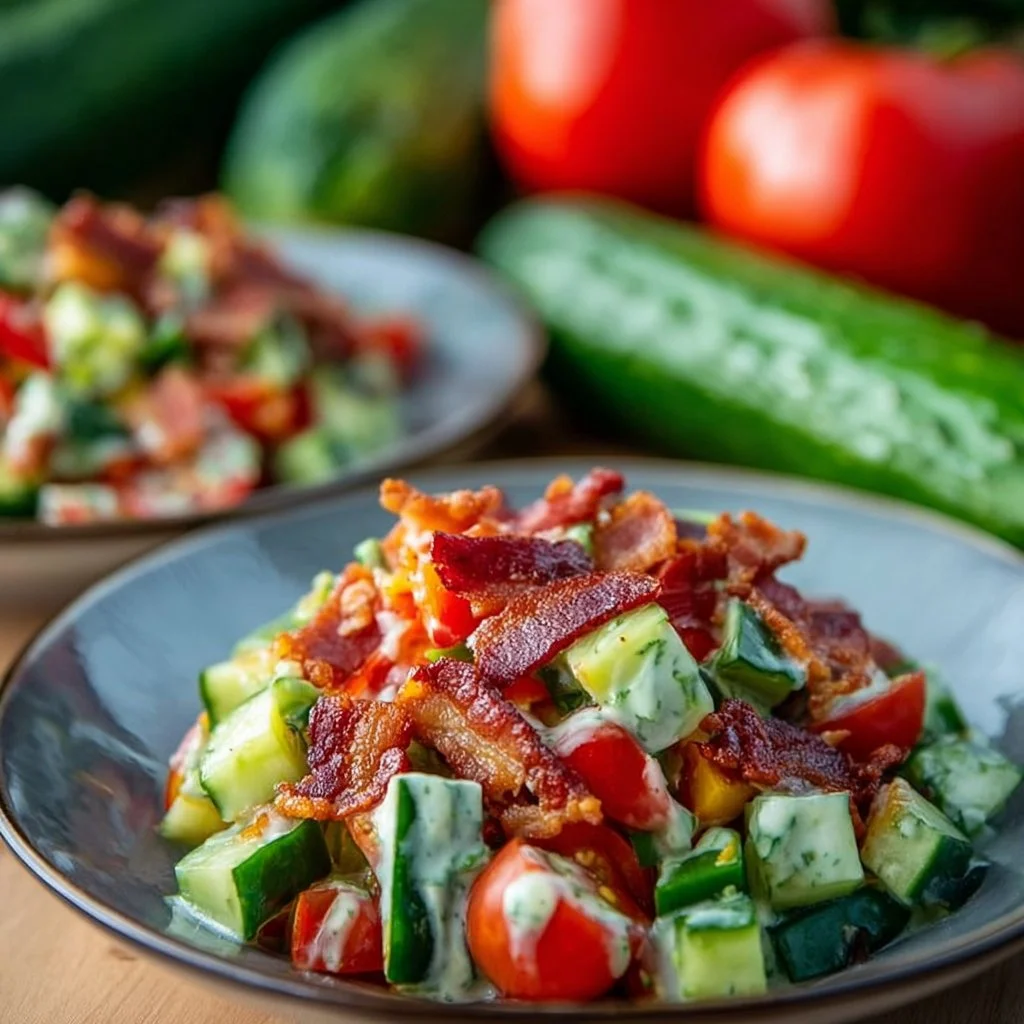 Creamy cucumber salad with bacon served in a bowl, garnished with herbs.