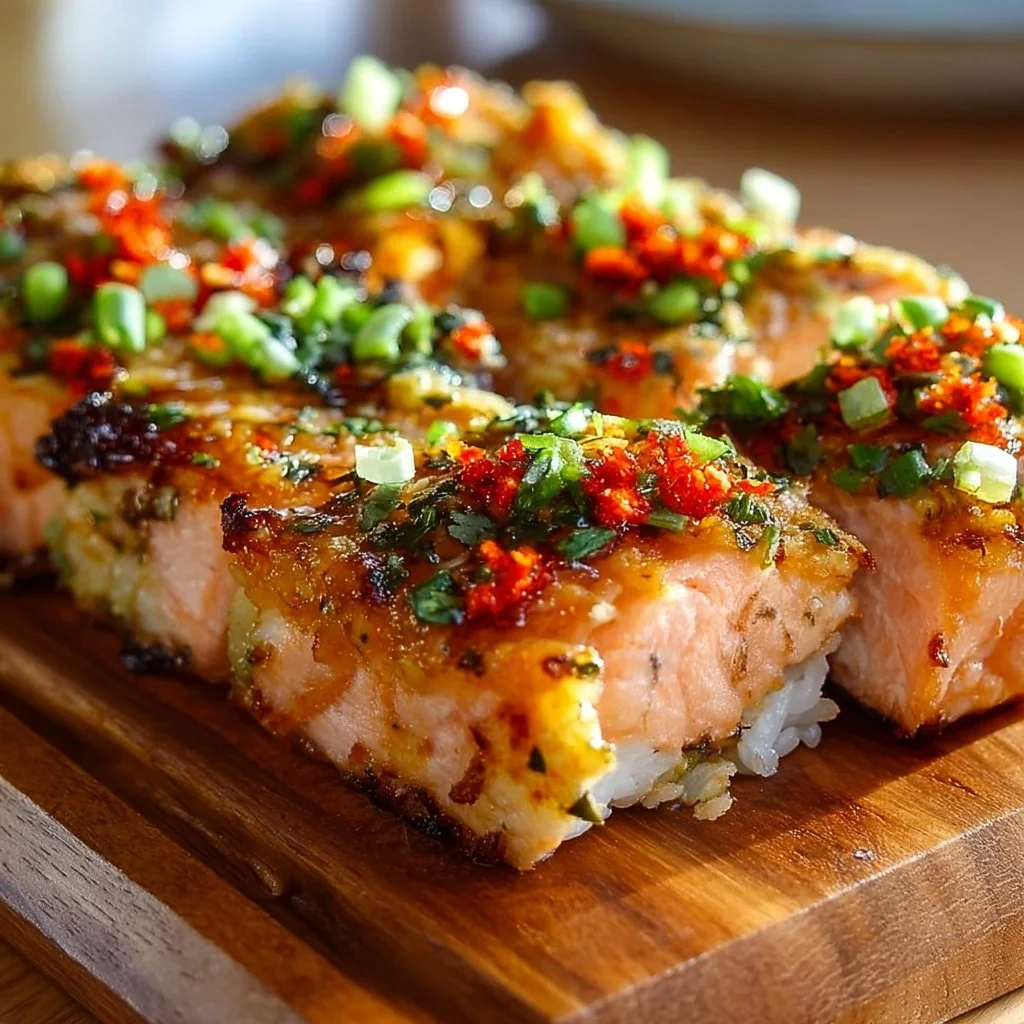 Spicy Salmon Sushi Bake served in a dish, showcasing delicious layers of flavor.