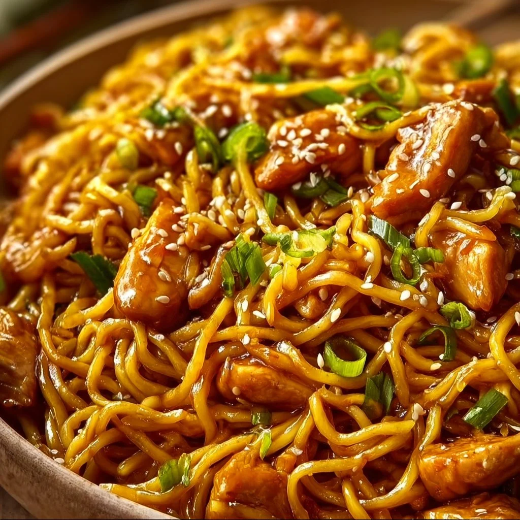Sticky garlic chicken noodles served in a bowl with herbs and seasoning.