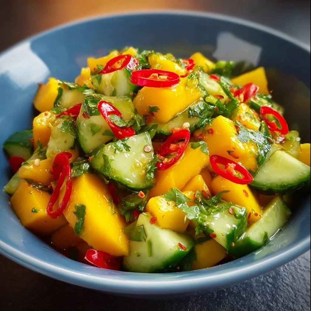 Delicious Thai Mango Cucumber Salad served in a bowl with bright ingredients.