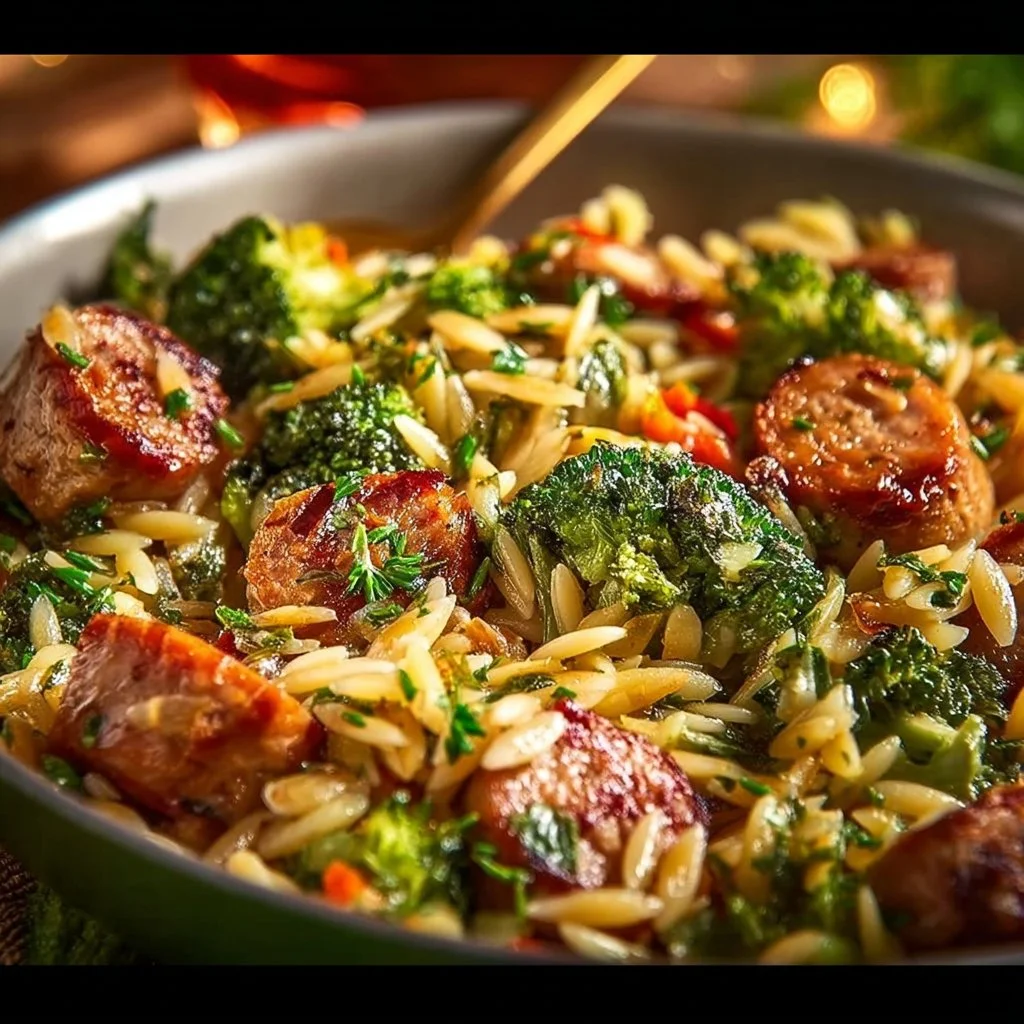 One-pan chicken sausage skillet with broccoli and orzo for easy weeknight dinner