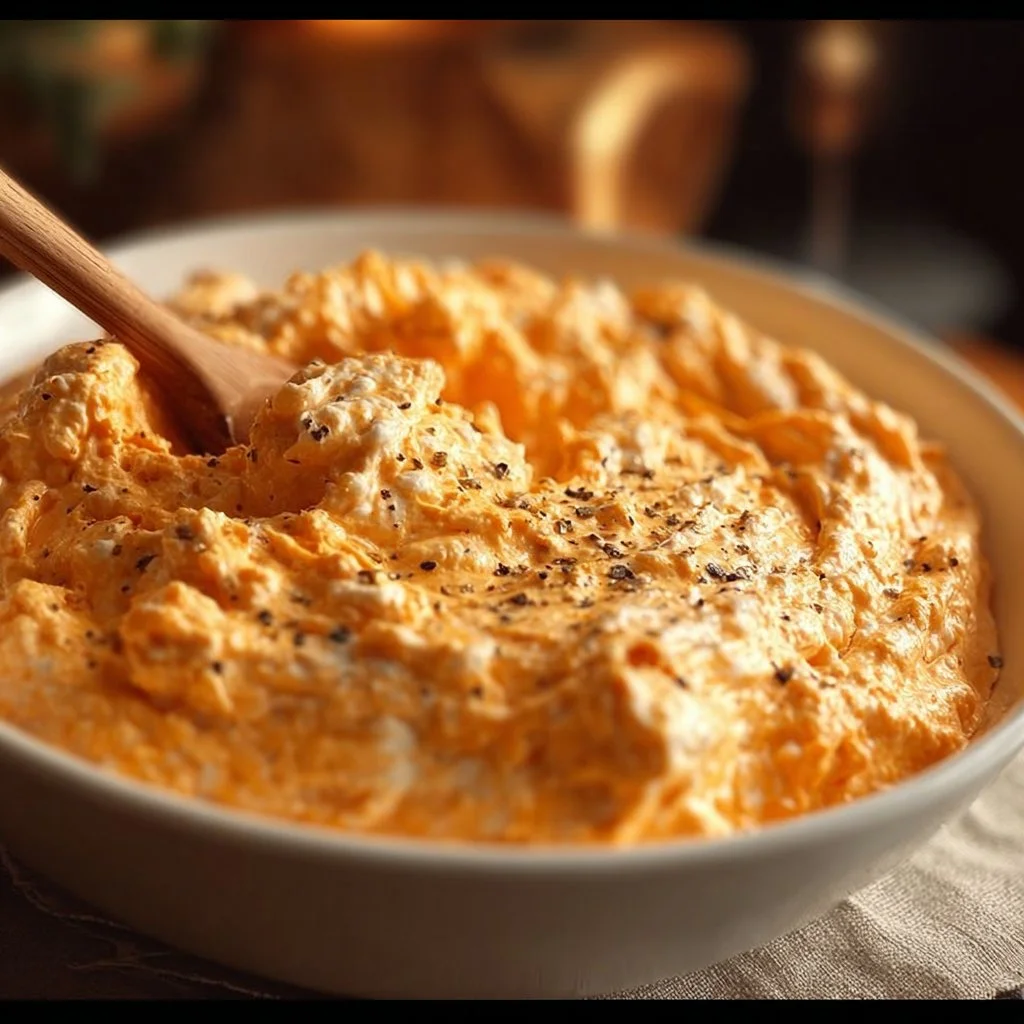 High protein cottage cheese buffalo chicken dip served in a bowl for snacking.