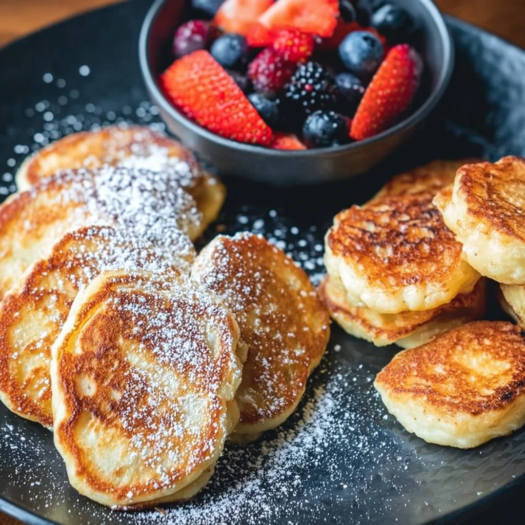 Fluffy cottage cheese pancakes stacked on a plate with fresh fruits