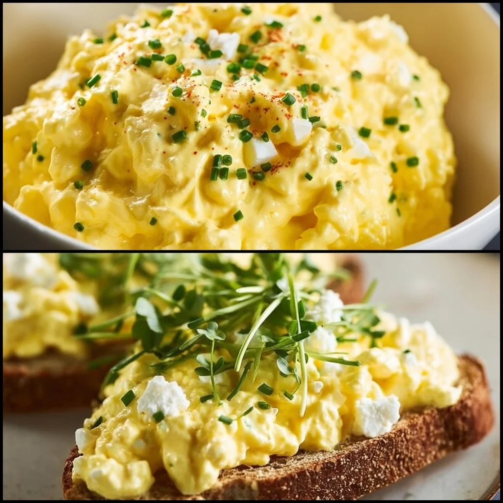 Creamy cottage cheese egg salad served in a bowl, topped with fresh herbs.